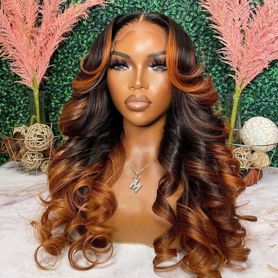 Tuneful Glueless Ginger Orange Highlights Colored 13x6 5x5 4x6 Lace Front Closure Body Wave Wig 180% Denisty