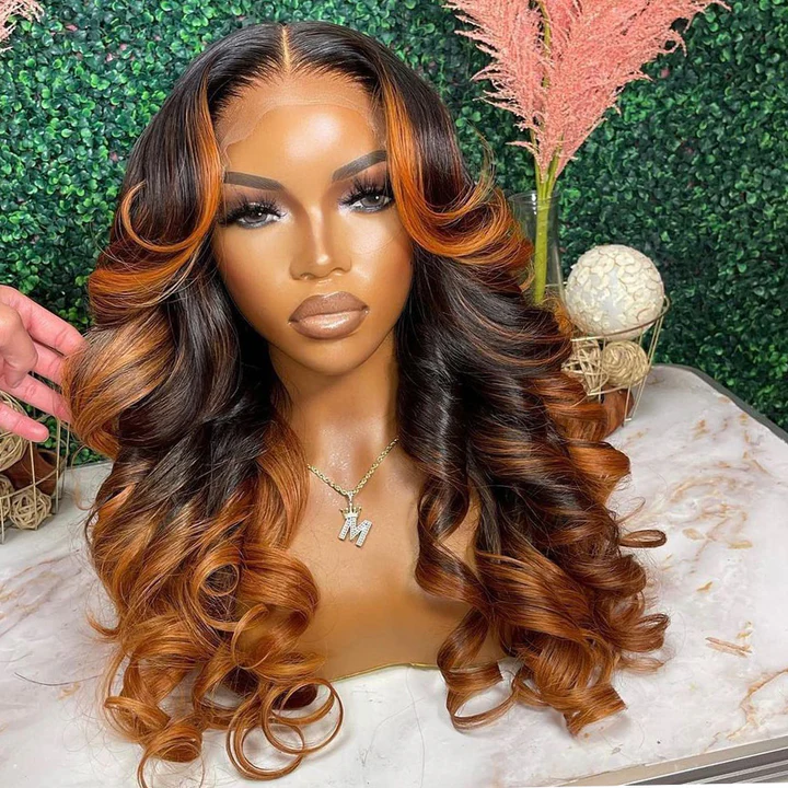 Tuneful Glueless Ginger Orange Highlights Colored 13x6 5x5 4x6 Lace Front Closure Body Wave Wig 180% Denisty