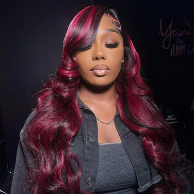 Tuneful Glueless Burgundy Highlights Colored 13x6 5x5 4x6 Lace Front Closure Body Wave Wig 180% Denisty