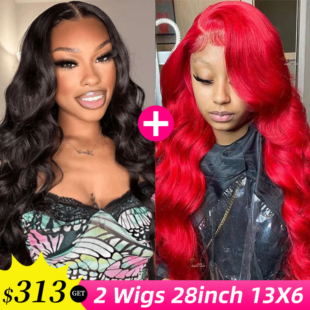 [2Wigs 13x6] Body Wave 1B Color & Red Colored 28 Inches Lace Frontal Wigs