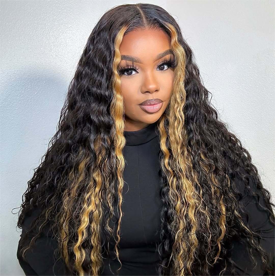 Tuneful Skunk Stripe Blonde Colored Deep Wave Wig