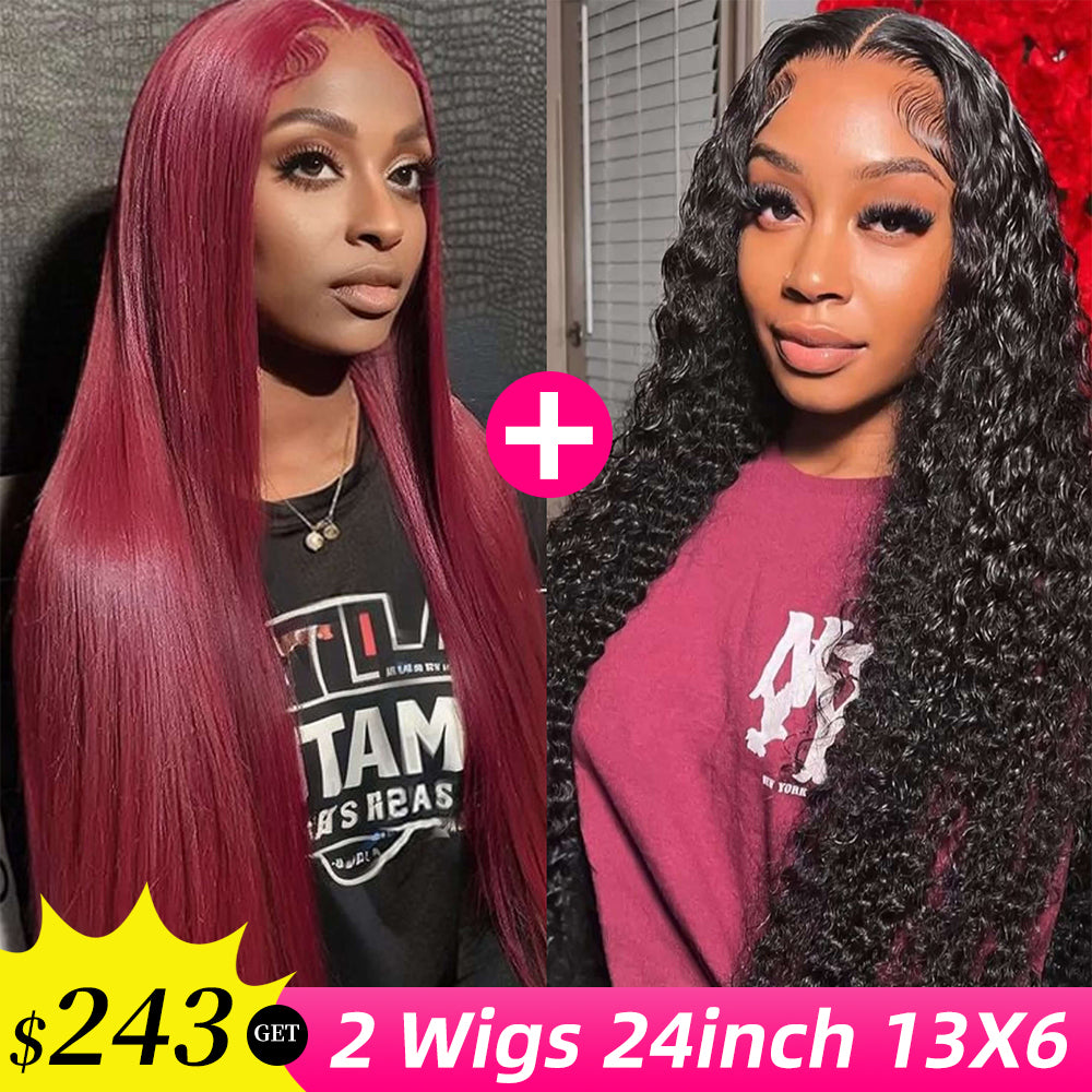 [2Wigs 13x6] Jerry Curly 1B Color & 99J Colored 24 Inches Lace Frontal Wigs