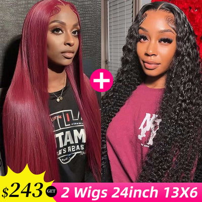 [2Wigs 13x6] Jerry Curly 1B Color & 99J Colored 24 Inches Lace Frontal Wigs