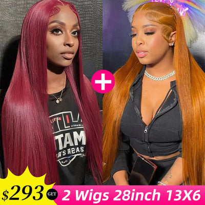 [2Wigs 13x6] Ginger Colored & 99J Colored 28 Inches Lace Frontal Wigs