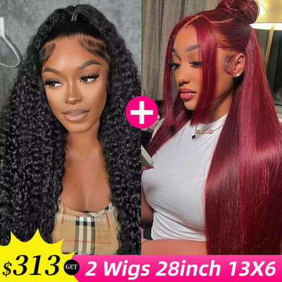 [2Wigs 13x6] Jerry Curly 1B Color & 99J Colored 28 Inches Lace Frontal Wigs