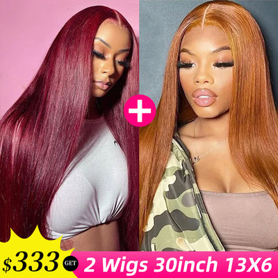 [2Wigs 13x6] Ginger Colored & 99J Colored 30 Inches Lace Frontal Wigs