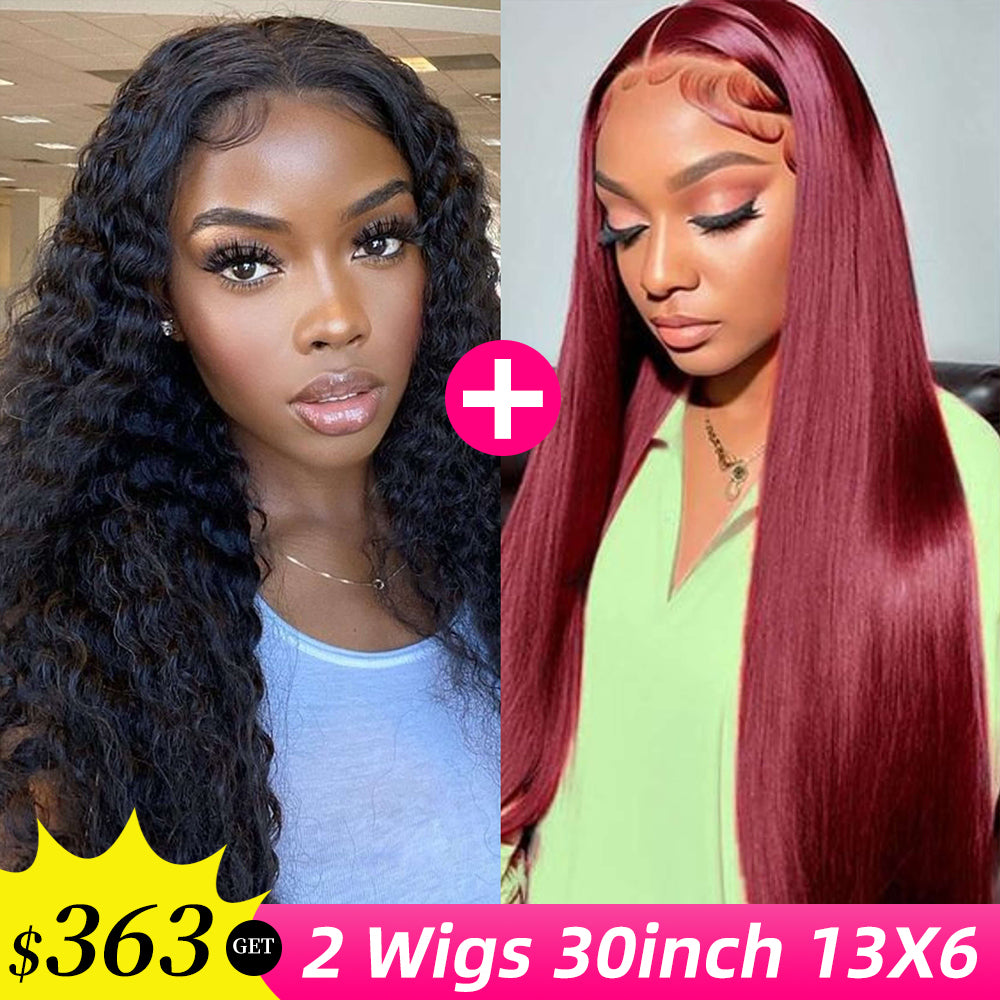 [2Wigs 13x6] Jerry Curly 1B Color & 99J Colored 30 Inches Lace Frontal Wigs