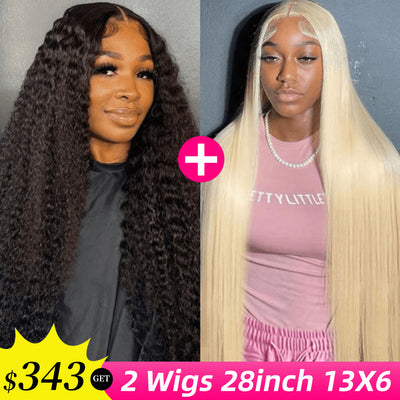 [2Wigs 13x6] Blonde Straight & Natural Black Jerry Curly 28 Inches Lace Frontal Wigs