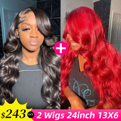 [2Wigs 13x6] Body Wave 1B Color & Red Colored 24 Inches Lace Frontal Wigs