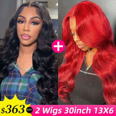 [2Wigs 13x6] Body Wave 1B Color & Red Colored 30 Inches Lace Frontal Wigs