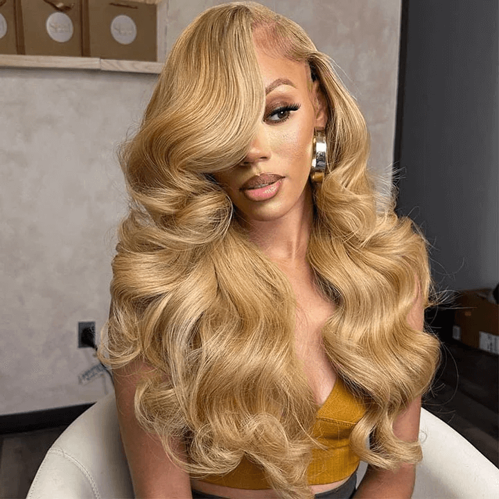 Tuneful Glueless 27# Honey Blonde Colored Human Hair Body Wave Frontal Wigs