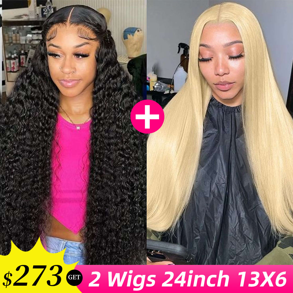 [2Wigs 13x6] Blonde Straight & Natural Black Jerry Curly 24 Inches Lace Frontal Wigs