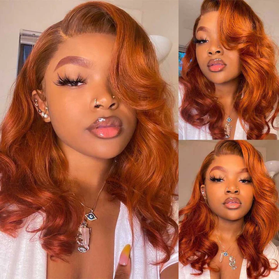 Tuneful Glueless Elegant Ginger Colored 13x6 Lace Front 4x6 Wear Go Human Hair Body Wave Bob  180% Density Wigs