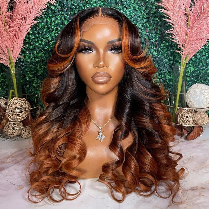 Tuneful Glueless Ginger Orange Highlights Colored 13x6 5x5 4x6 Lace Front Closure Body Wave Wig 180% Denisty